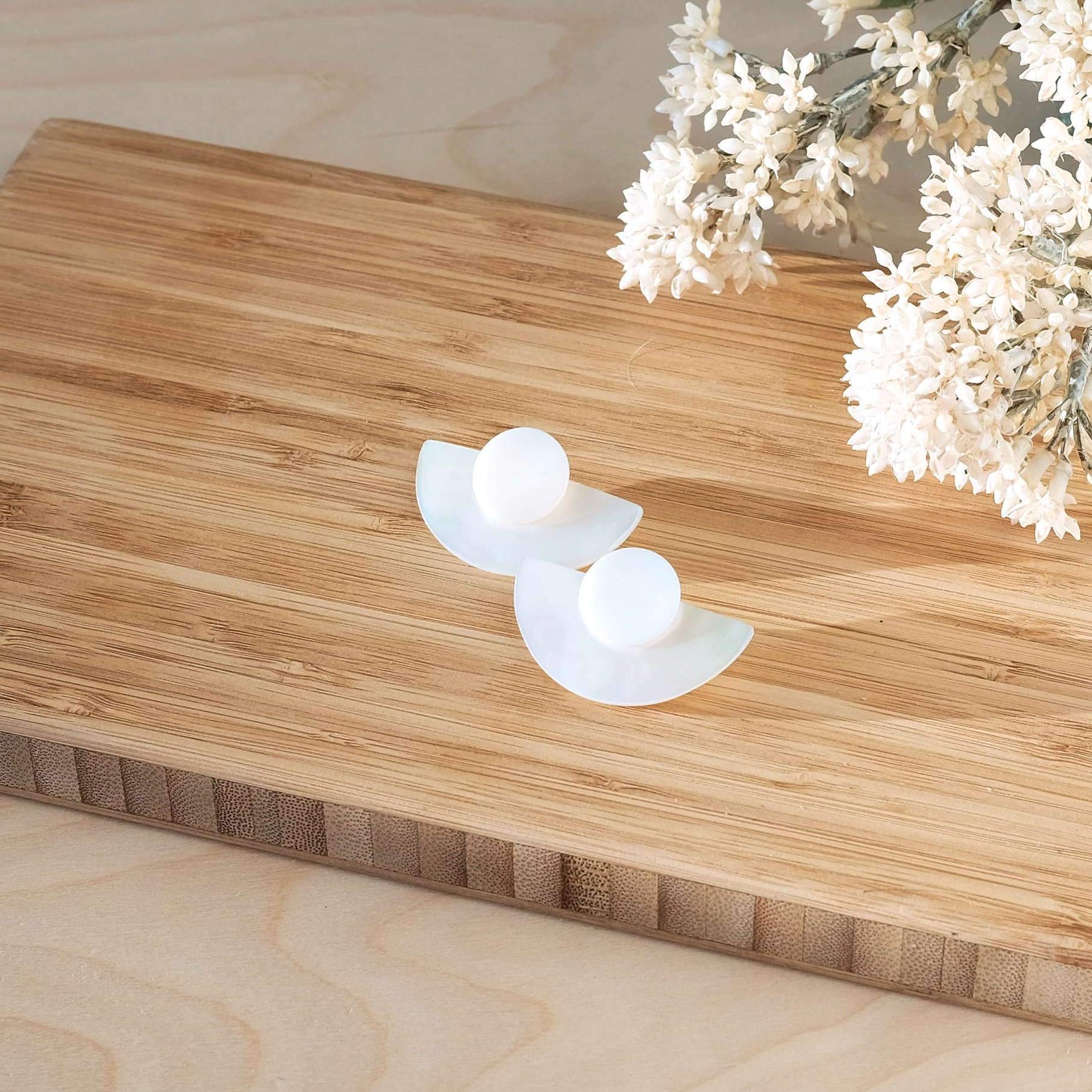 3-in-1 Pearl White Circle and Halfmoon Geometric Studs - Mother of Pearl Earrings | LIKHÂ
