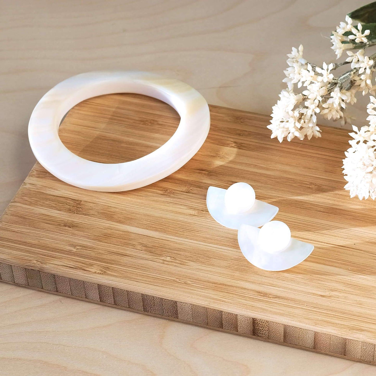 3-in-1 Pearl White Circle and Halfmoon Geometric Studs - Mother of Pearl Earrings | LIKHÂ