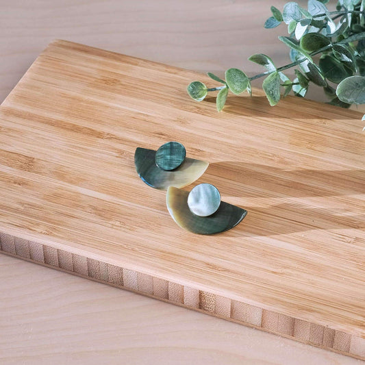 3-in-1 Iridescent Grey Circle and Halfmoon Geometric Studs - Mother of Pearl Earrings | LIKHÂ