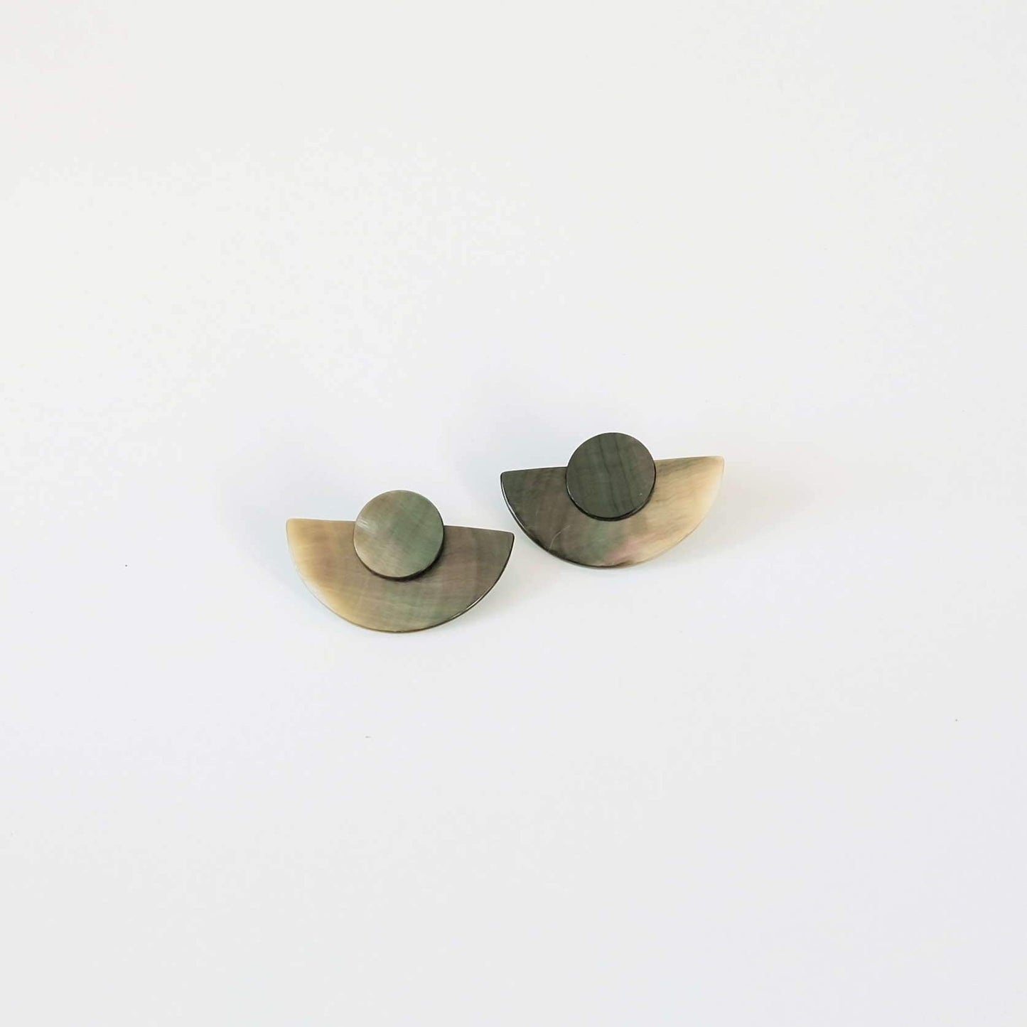 3-in-1 Iridescent Grey Circle and Halfmoon Geometric Studs - Mother of Pearl Earrings | LIKHÂ