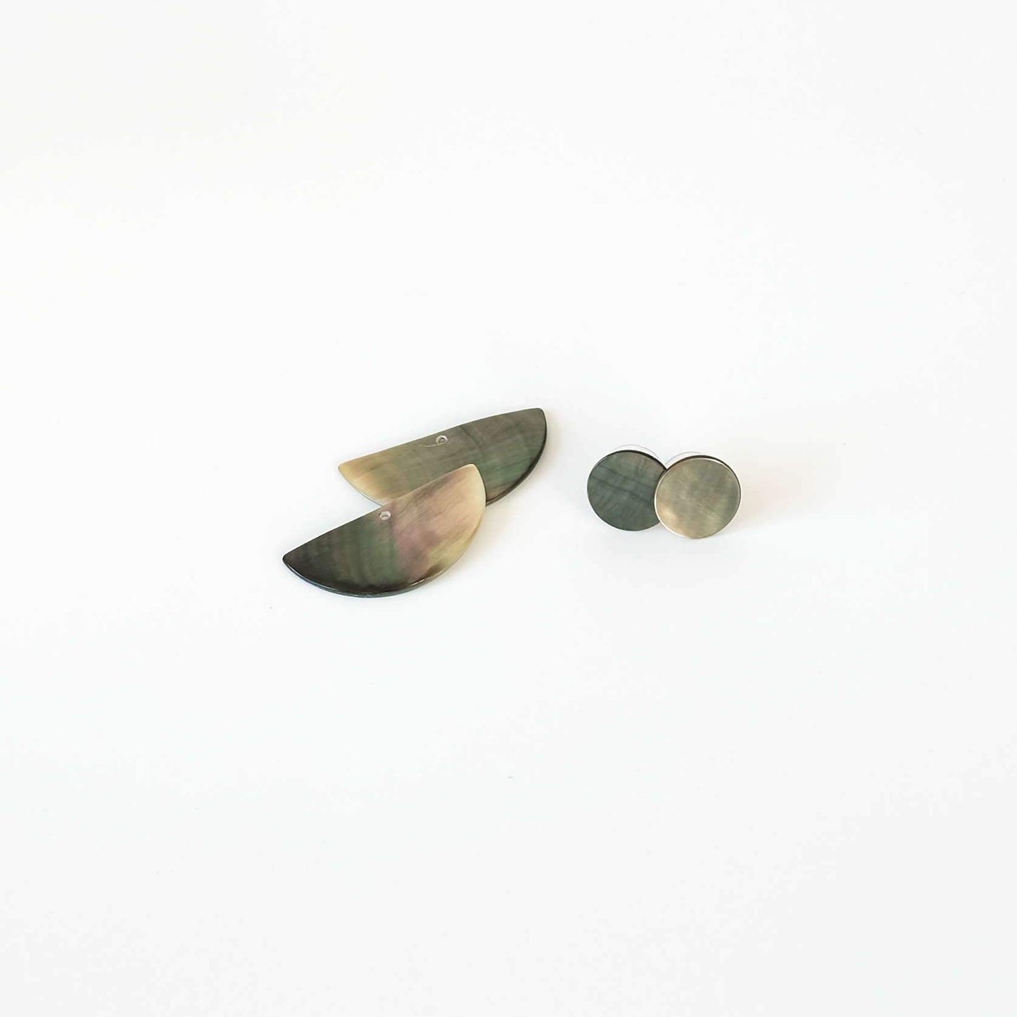 3-in-1 Iridescent Grey Circle and Halfmoon Geometric Studs - Mother of Pearl Earrings | LIKHÂ