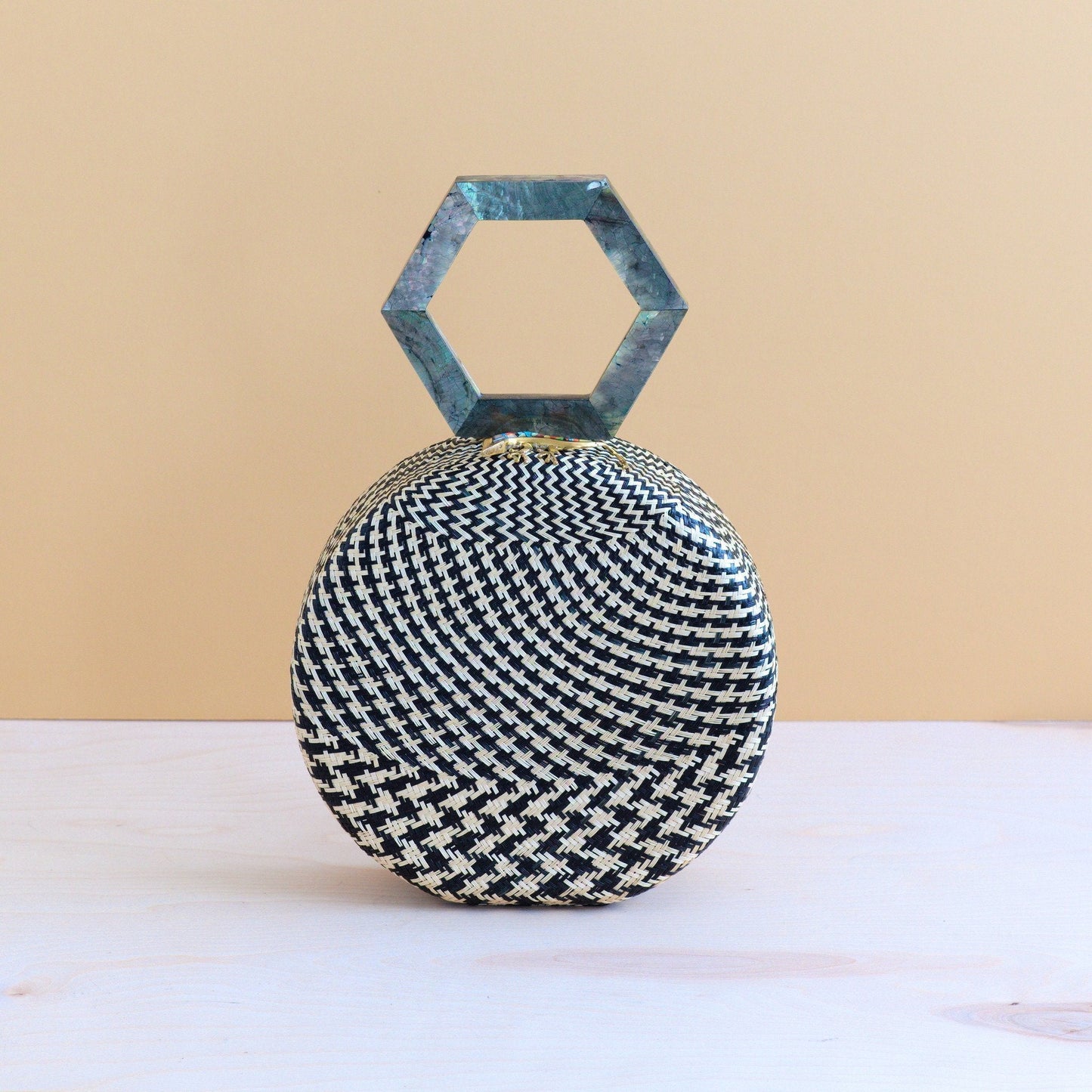 Black Round Handwoven Handbag with Mother of Pearl Handle | LIKHÂ