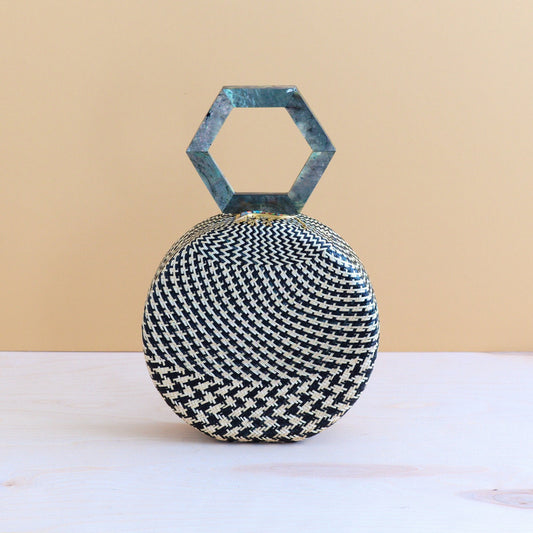 Black Round Handwoven Handbag with Mother of Pearl Handle | LIKHÂ