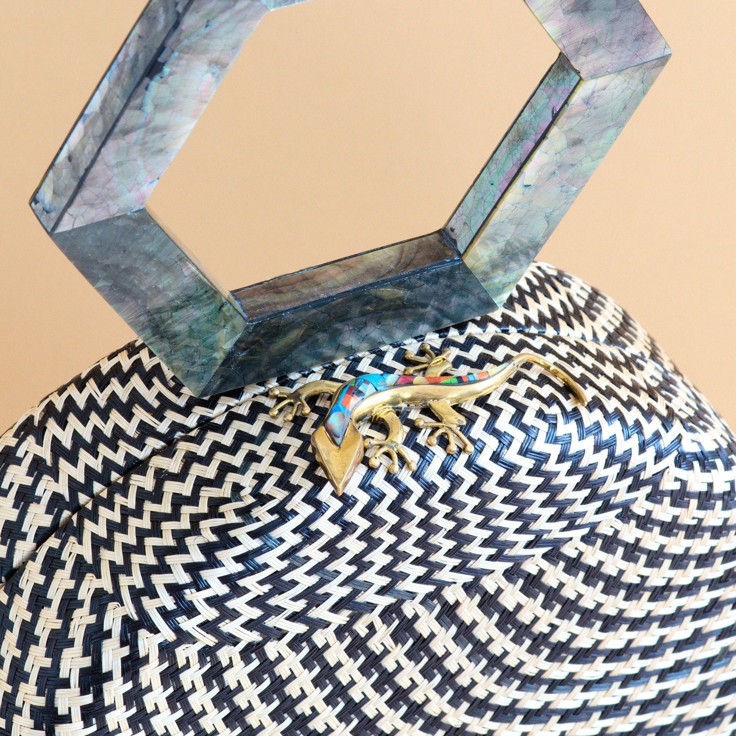 Black Round Handwoven Handbag with Mother of Pearl Handle | LIKHÂ