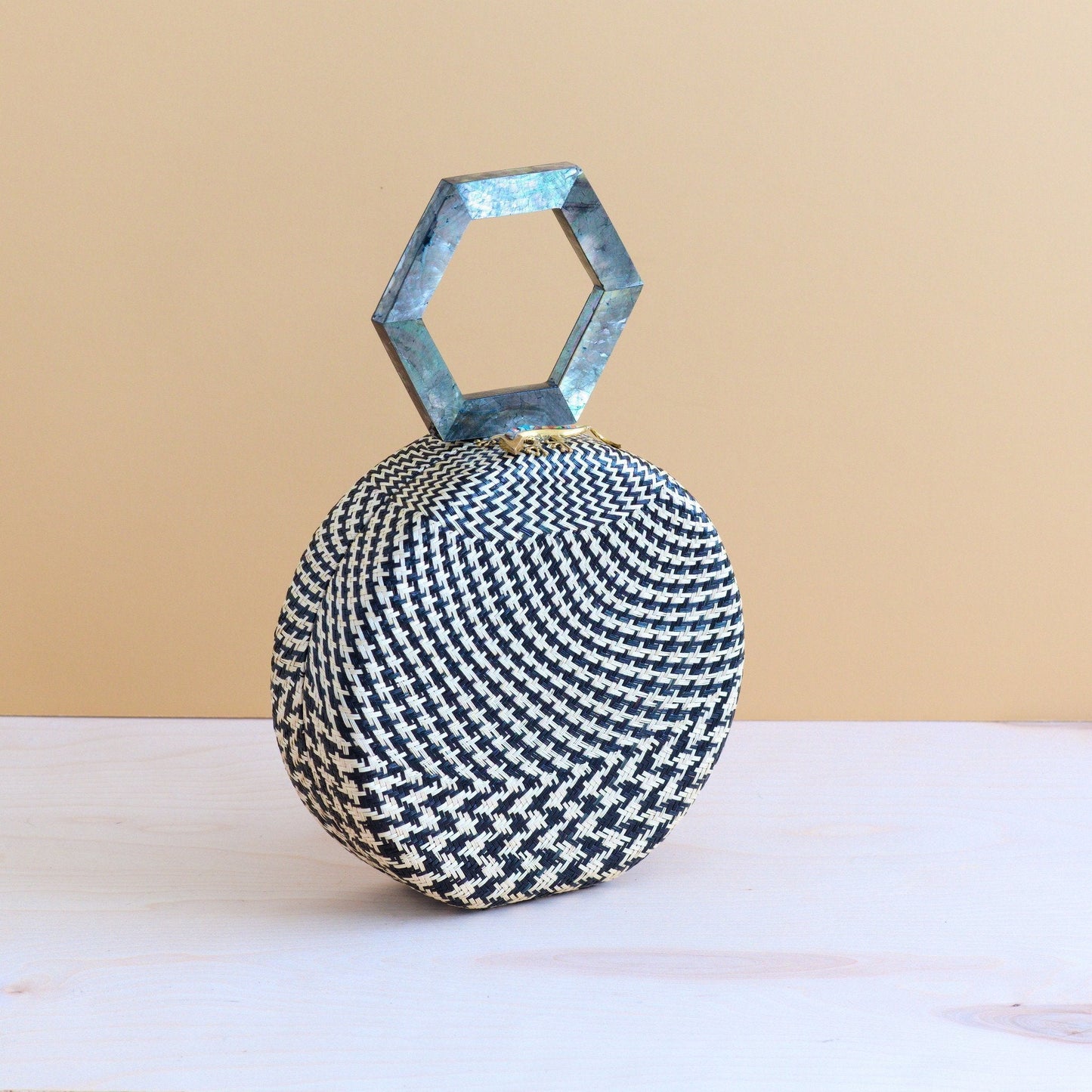 Black Round Handwoven Handbag with Mother of Pearl Handle | LIKHÂ