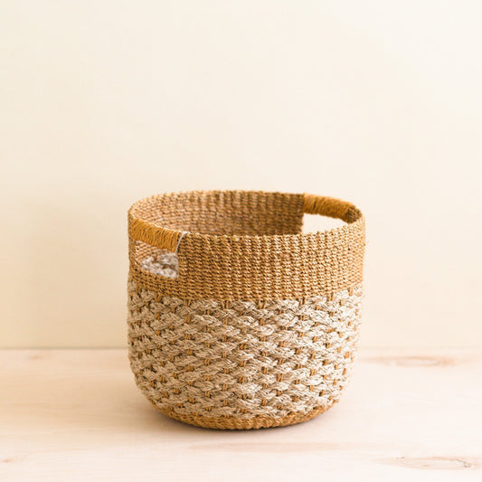 Golden Brown Patterned Round Floor Basket - Storage Bins | LIKHÂ