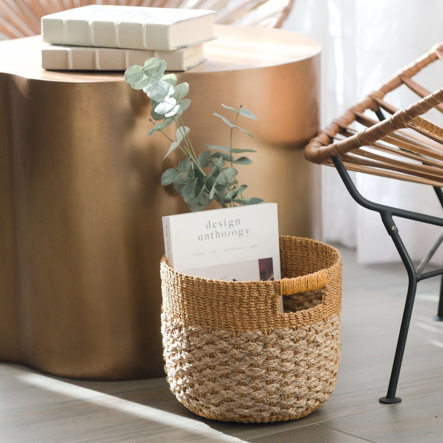 Golden Brown Patterned Round Floor Basket - Storage Bins | LIKHÂ