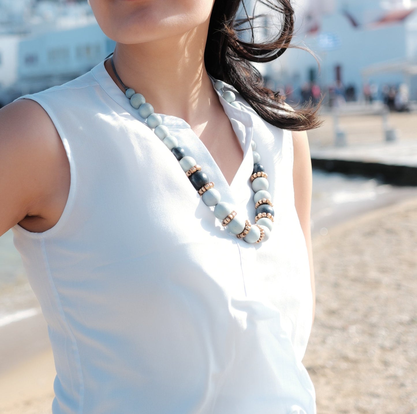 Handmade Grey Bead Necklace Pompa | LIKHÂ