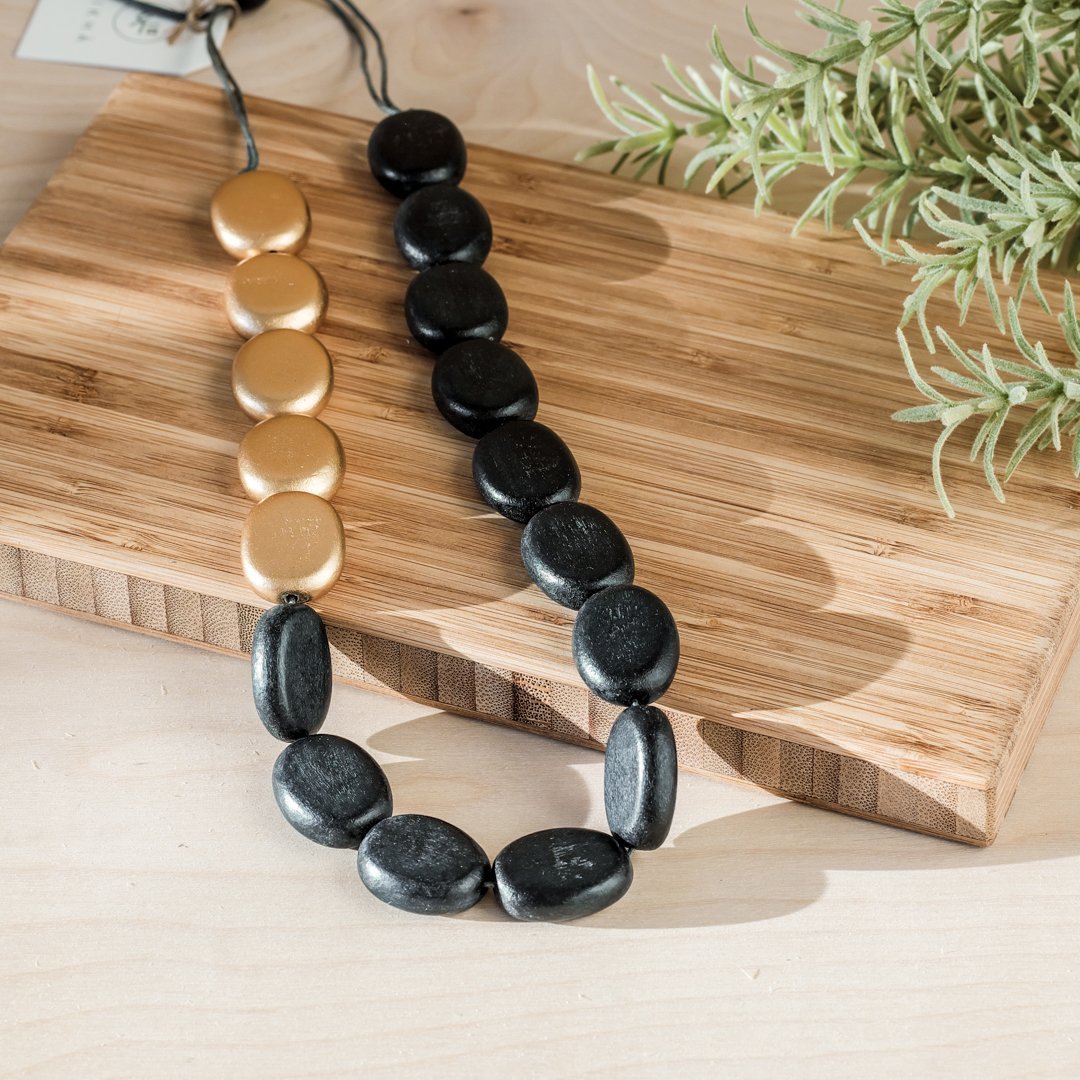 Gold and Charcoal Wooden Bead Necklace Guija | LIKHÂ