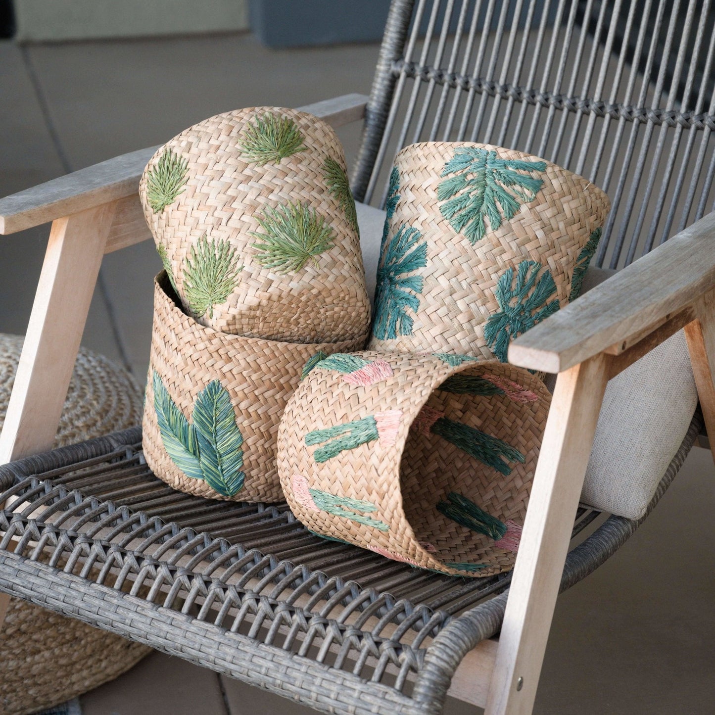 Palm Embroidered Soft Seagrass Basket - Embroidered Baskets | LIKHÂ