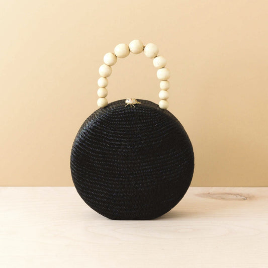 Black Round Classic Handbag with Wood Handle - Straw Bag | LIKHÂ