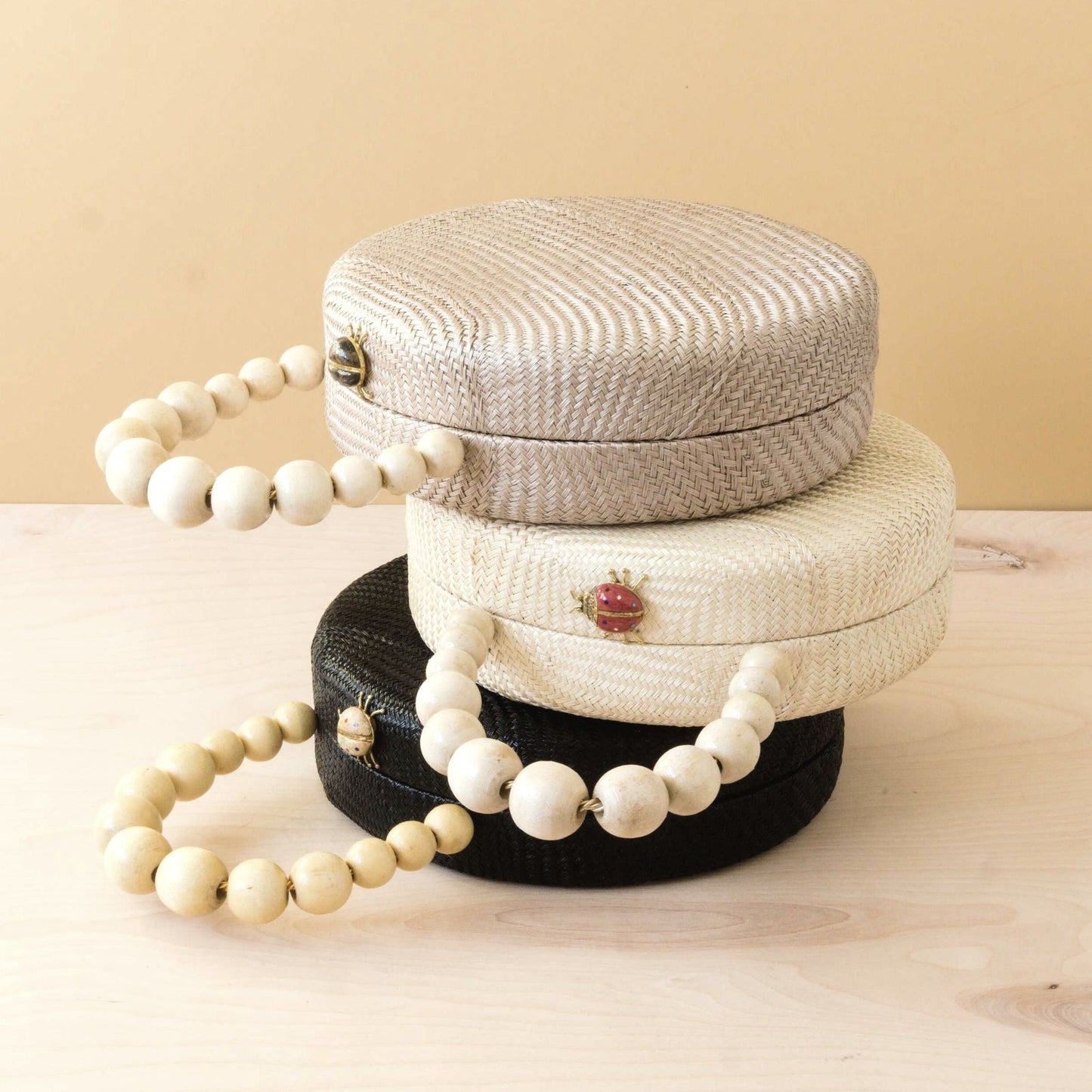 Oat Round Classic Handbag with Bead Handle - Woven Purse | LIKHÂ