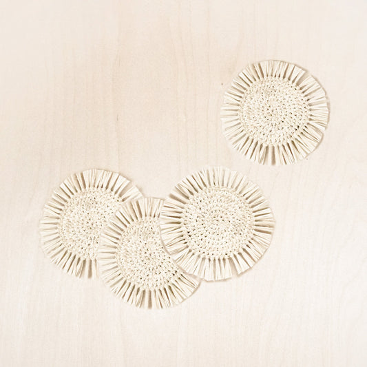 Natural Raffia Round Crochet Coasters with Fringe, set of 4 | LIKHA