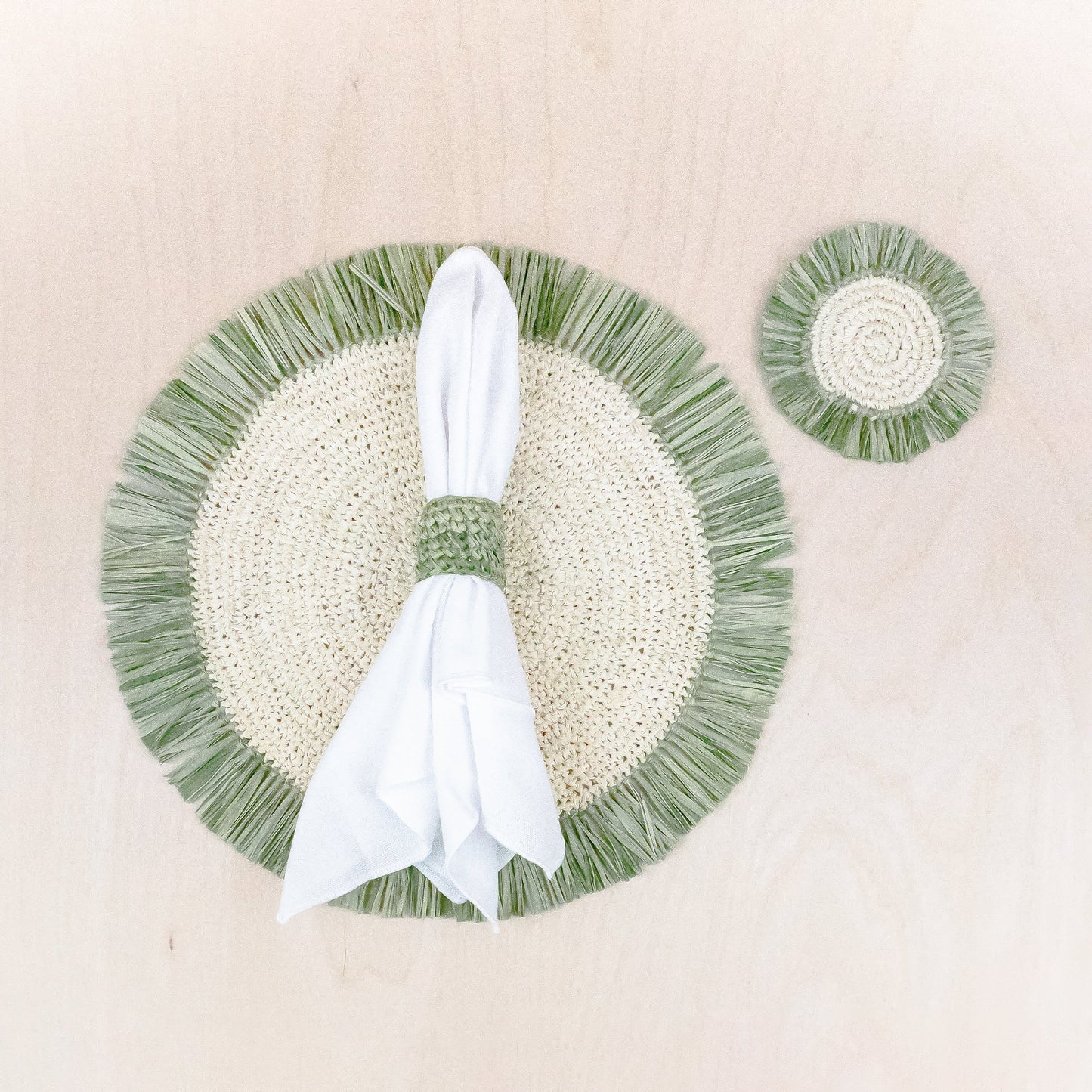 Sage Raffia Round Crochet Coasters with Fringe, set of 4 | LIKHA