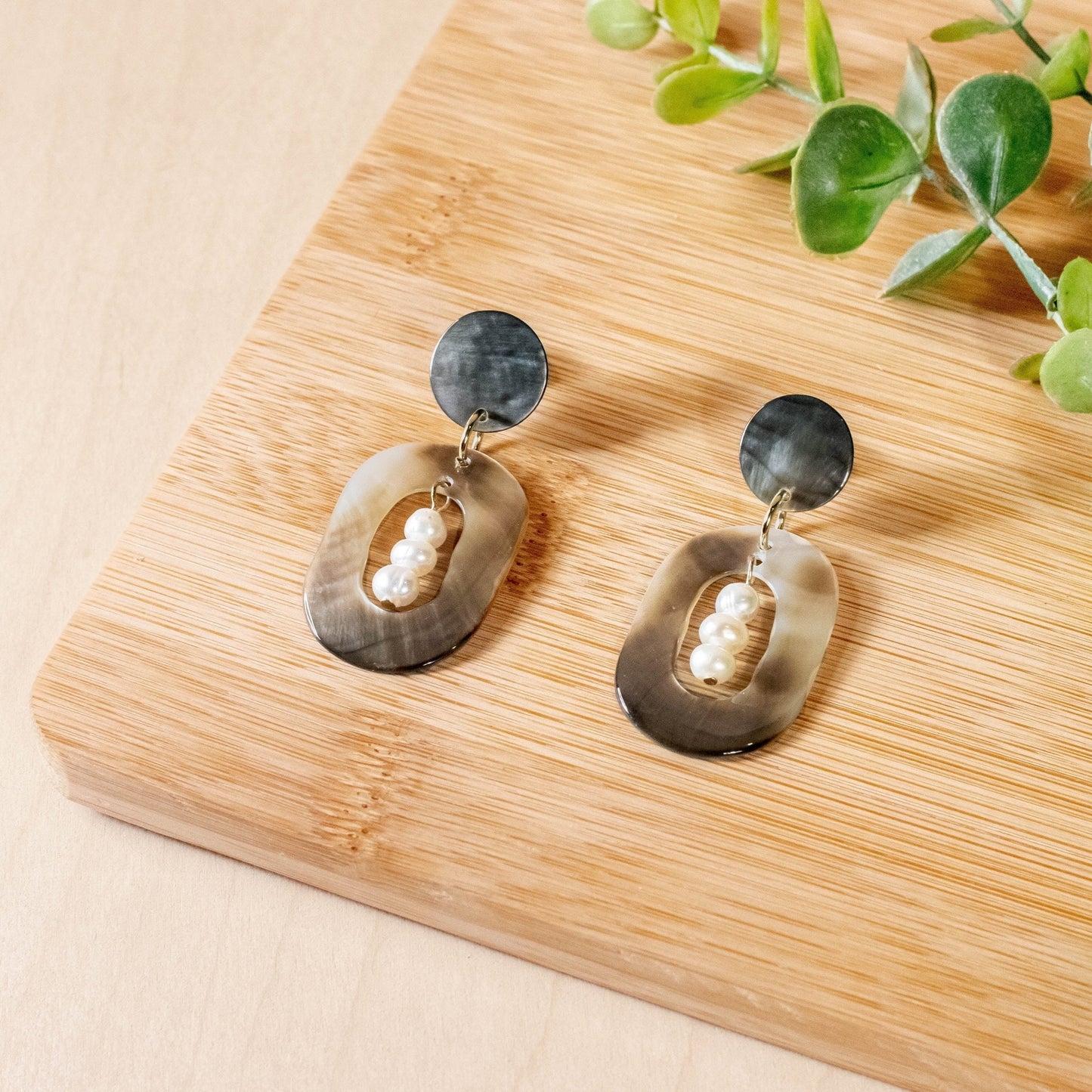 Black Mother of Pearl Dangle Earrings - Oval with Inner Pearl | LIKHÂ