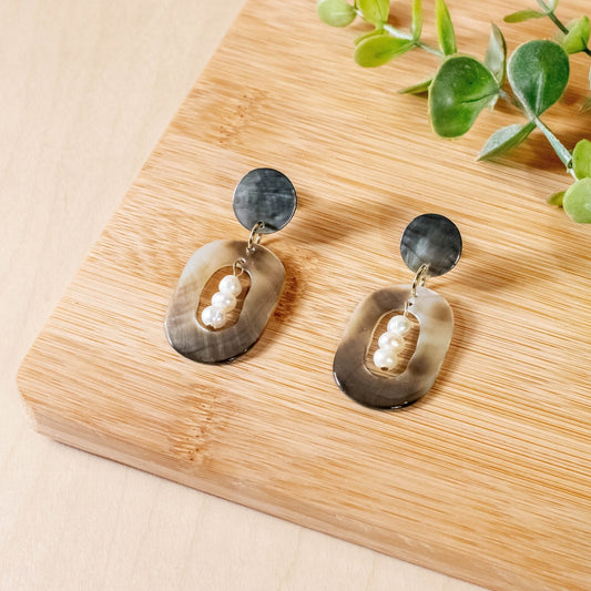 Black Mother of Pearl Dangle Earrings - Oval with Inner Pearl | LIKHÂ