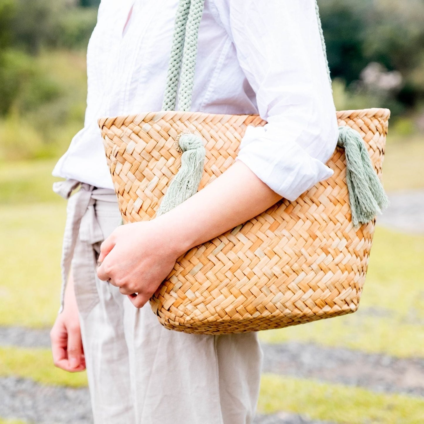 Sage Seagrass Tote Bag with Wrapped Handles - Market Tote | LIKHA