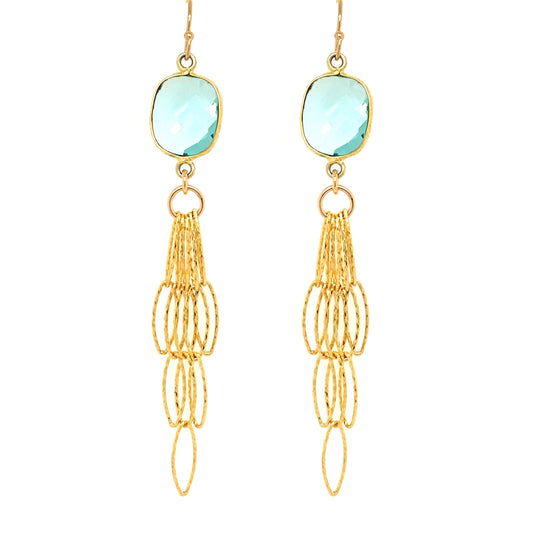 Aqua Blue Quartz Rectangle Tassel Bottom Earrings, Gold