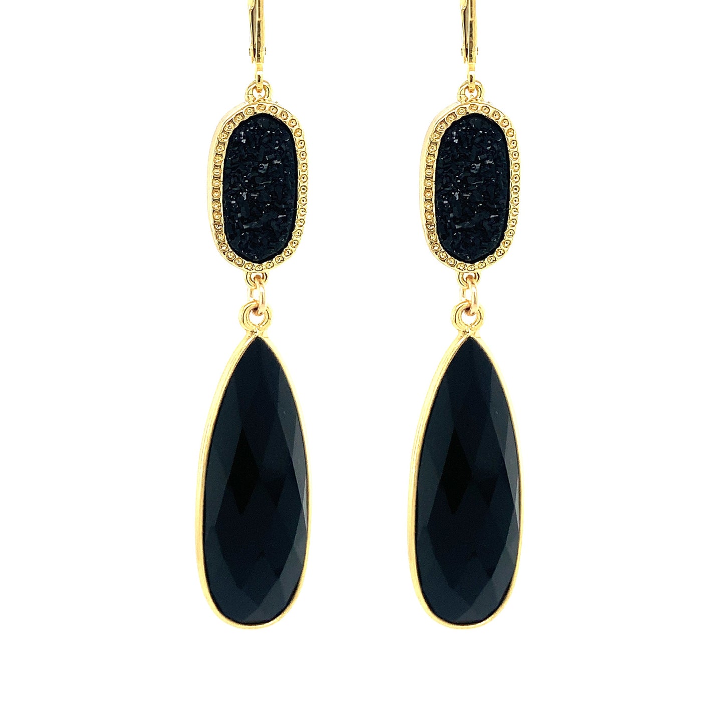 Black Onyx & Black Druzy Regal Earring Drops | Gold & Silver