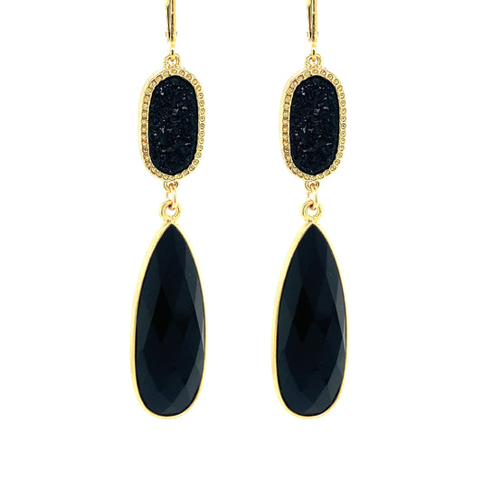 Black Onyx & Black Druzy Regal Earring Drops | Gold & Silver