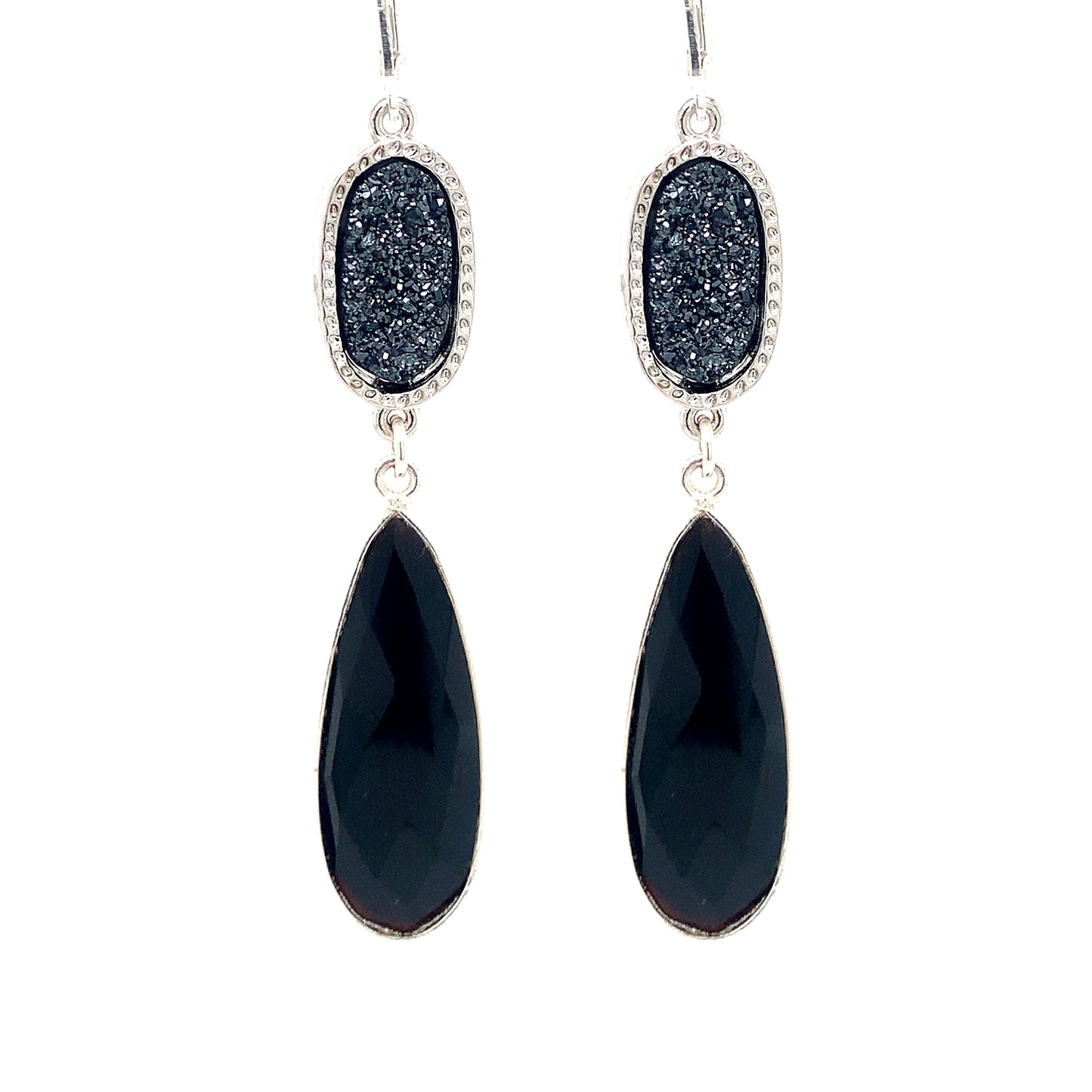 Black Onyx & Black Druzy Regal Earring Drops | Gold & Silver