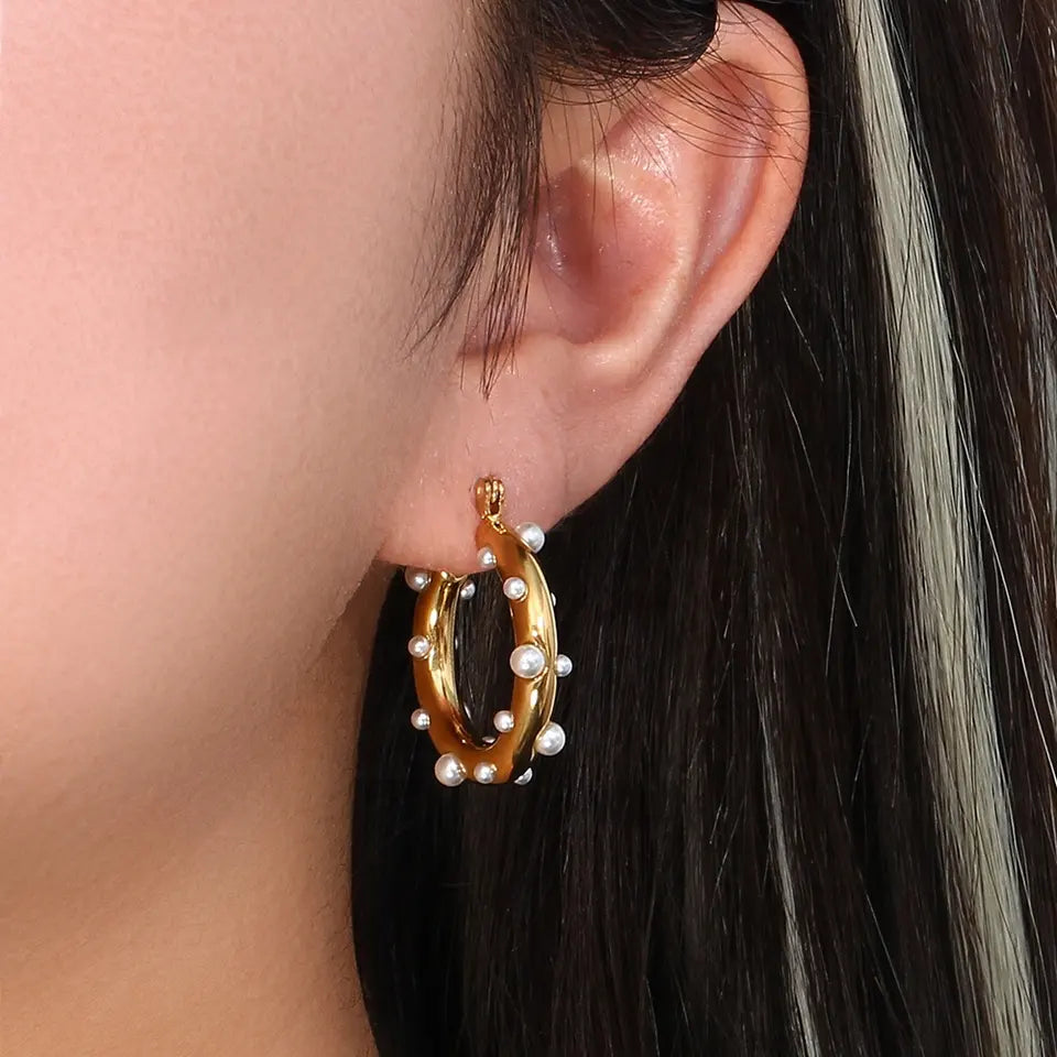 Teresa Hoop Earrings - Pearl Gold Plated Hoop Earring