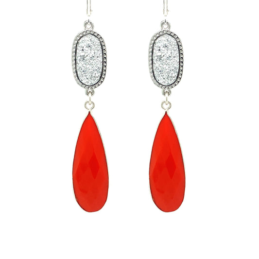 Oval Druzy and Coral Quartz Regal Couture Earrings | Silver & Gold