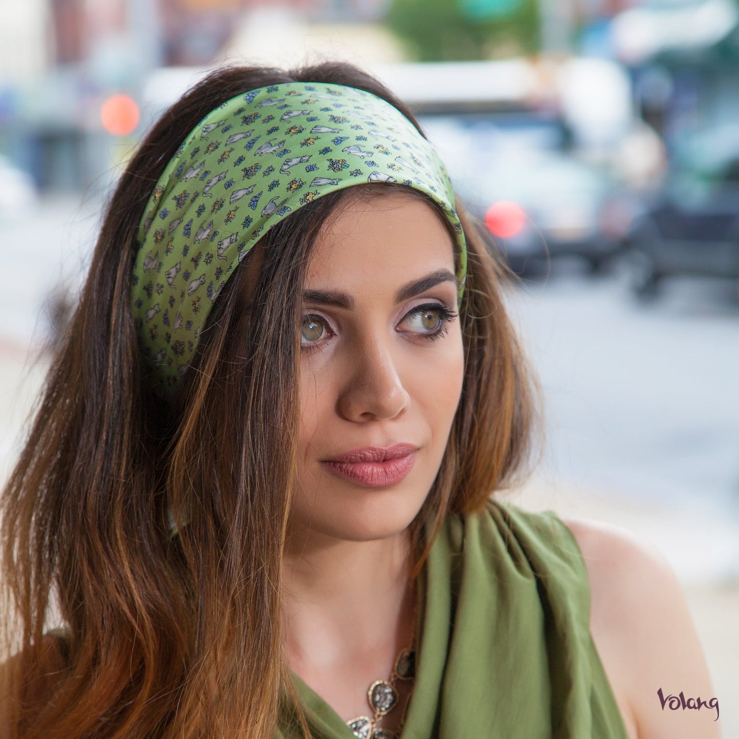 Silk Headband in Green with Cats
