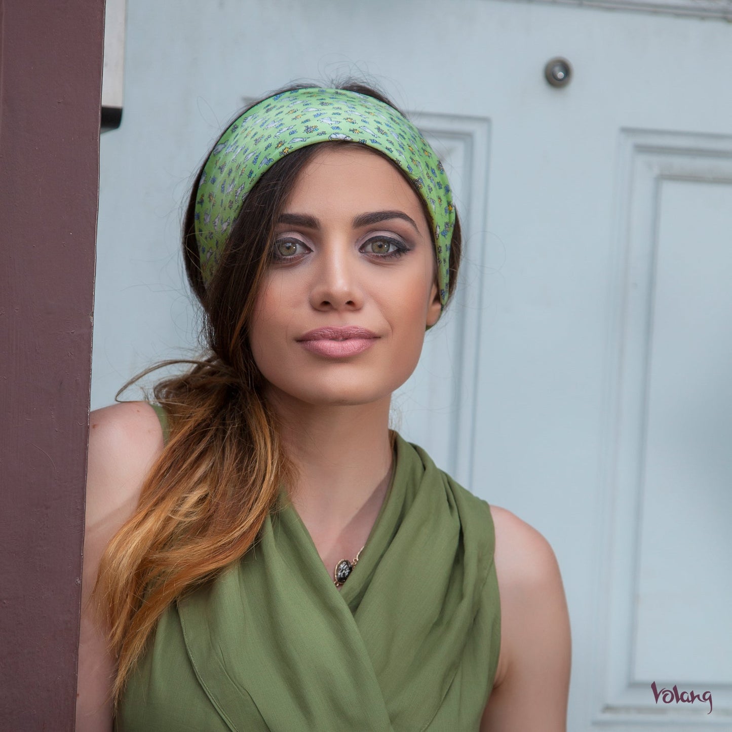 Silk Headband in Green with Cats
