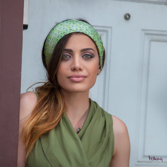 Silk Headband in Green with Cats
