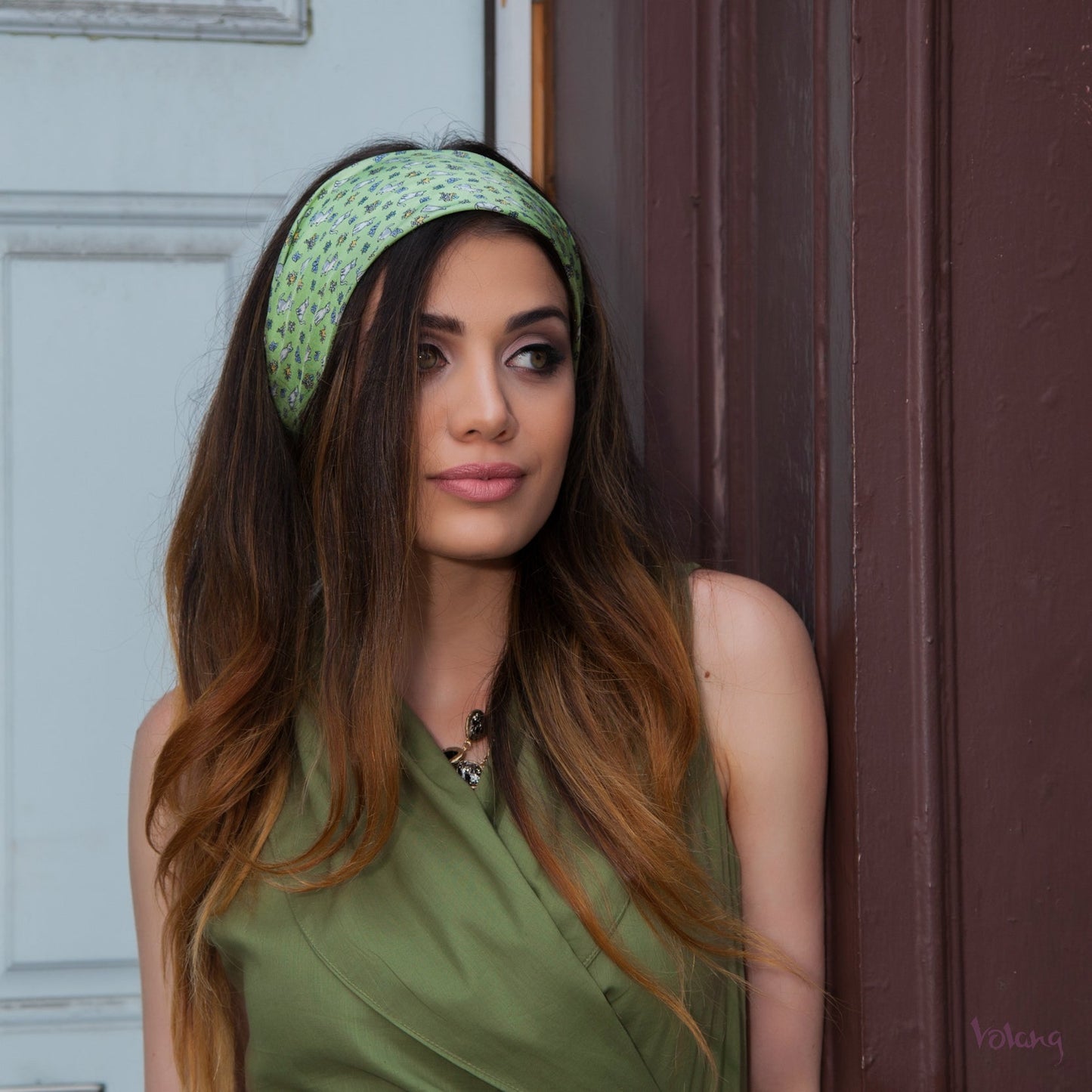 Silk Headband in Green with Cats