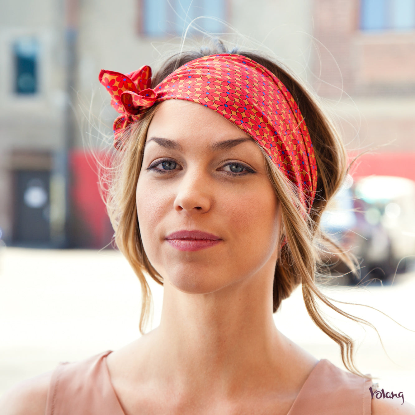 Silk Headband in Coral with Flowers
