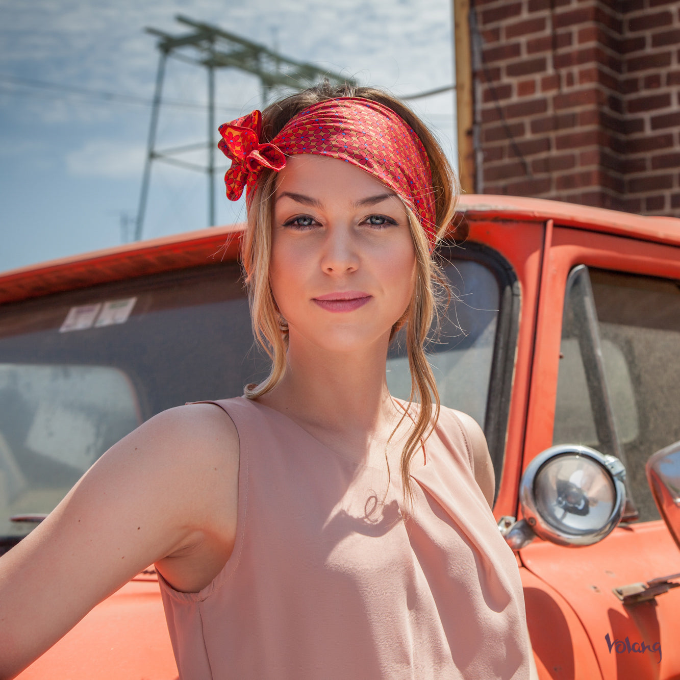 Silk Headband in Coral with Flowers
