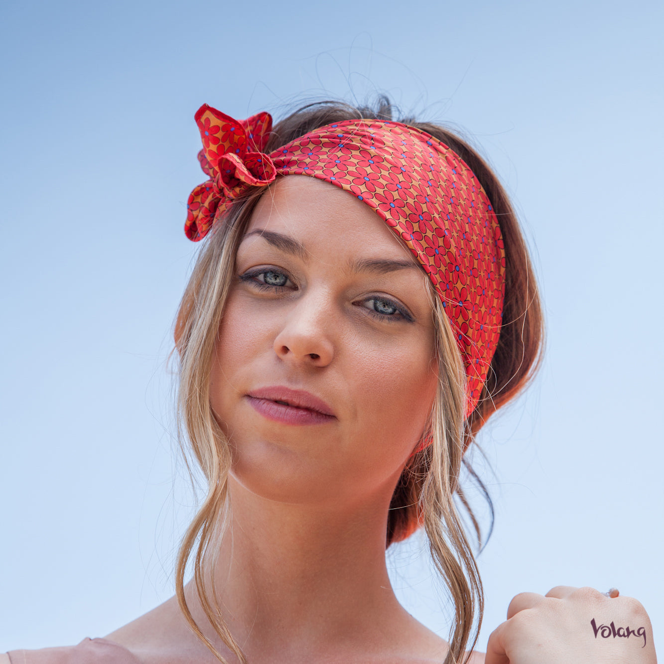 Silk Headband in Coral with Flowers