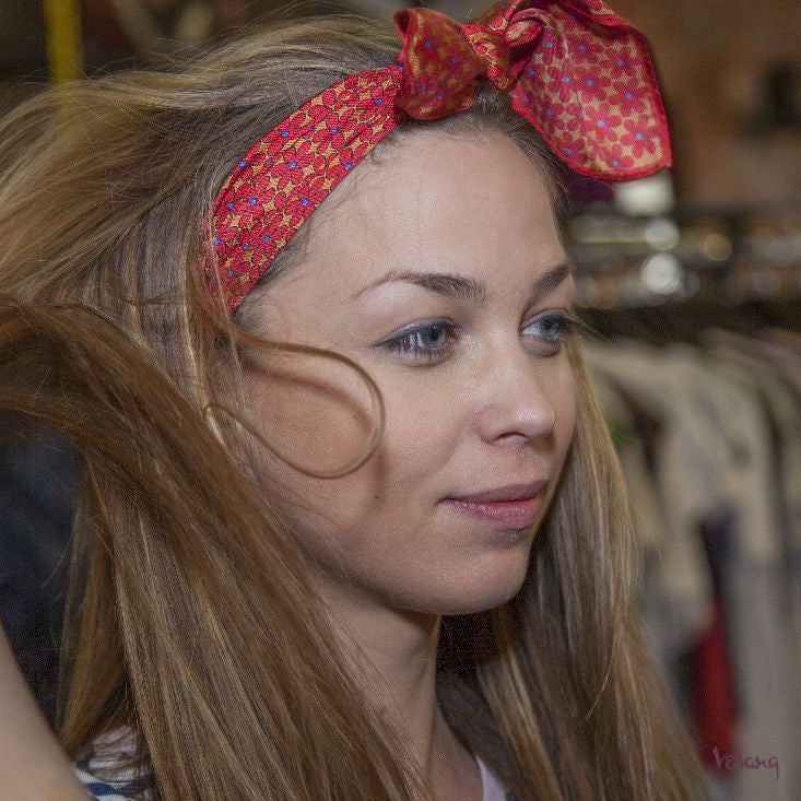 Silk Headband in Coral with Flowers