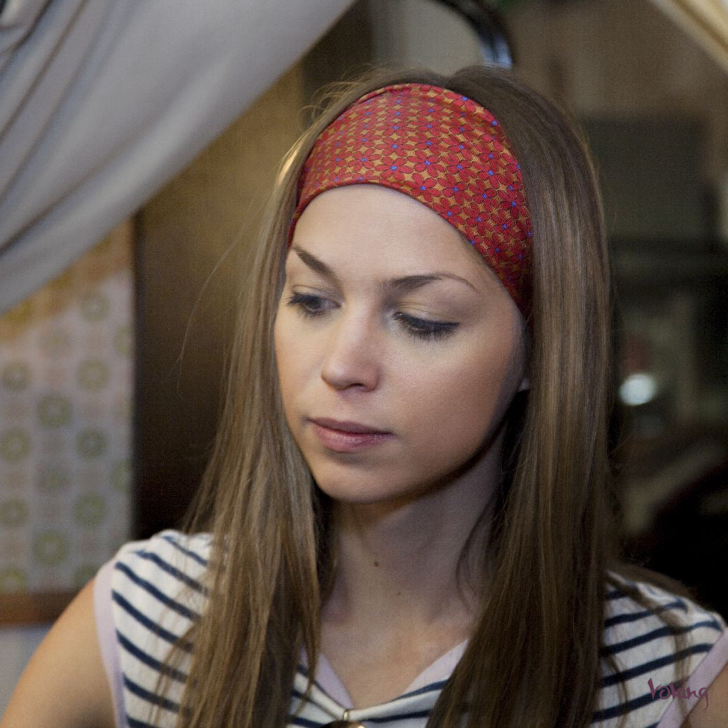 Silk Headband in Coral with Flowers